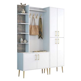 Dmora Mueble De Entrada Paludi, Perchero, 13 Estantes, Puerta Abatible, 150x35x202h Cm Blanco