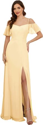Ever-pretty Womens Ruffles One Shoulder Short Sleeve Empire Waist A Line Chiffon Long Bridesmaid Dresses with Side Slit Yellow 12UK