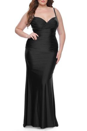 La Femme Ruched Jersey Plus Size Dress with Lace Up Back in Black at Nordstrom, Size 22W