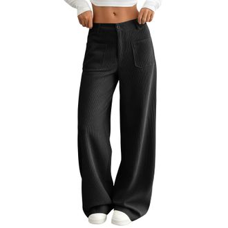 Generic Womens High Waist Wide Leg Pants Solid Colour Straight Fit Long Trousers with Front Pockets Button Closure Casual Everyday Style