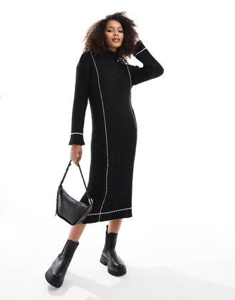 Vero Moda high neck knit midi sweater dress in black with contrast stitch