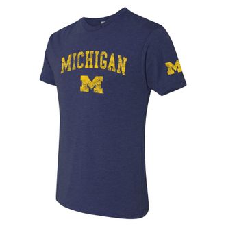 UGP Campus Apparel NCAA Distressed Arch Logo, Team Color Triblend T Shirt, Michigan Wolverines Vintage Navy, XL