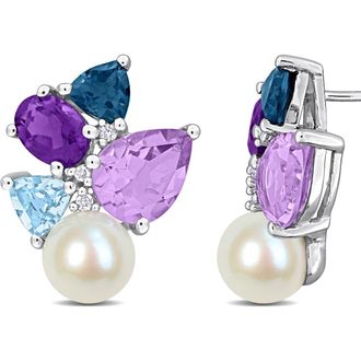 Delmar 7-7.5mm Cultured Freshwater Pearl & Diamond Stud Earrings - 0.06ct. in Purple Multi at Nordstrom Rack