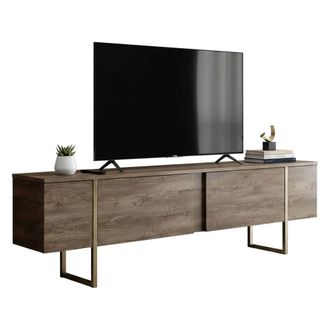 Dmora Dmora - Mueble De Televisi&oacute;n Centaurus, Aparador De Sal&oacute;n, Mueble Bajo Para Tv, Base De Pared Equipada, 180x30h50 Cm, Nogal Y Oro, Con Embalaje Reforz
