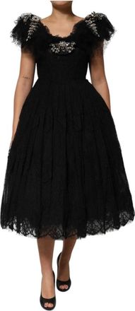 Dolce & Gabbana Zwarte kristalversierde Midi A-lijn jurk - Dames - Feestkleedjes - Zwart - XS - Kleedjes