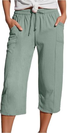 Generic Cropped Trousers Women Linen Summer Loose Petite Hiking Shorts Drawstring Elasticated Waist 3/4 Length Joggers Baggy Wide Leg Pants Ladies Casual Trou