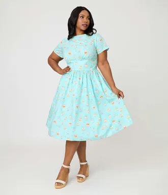 Unique Vintage Plus Size Smocked Back Swing Dress in Blue W/Cat Print at Nordstrom, Size 3X
