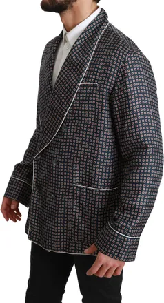 Dolce & Gabbana Mens Navy Blue Patterned Double Breasted Coat Jacket Silk Clothing
