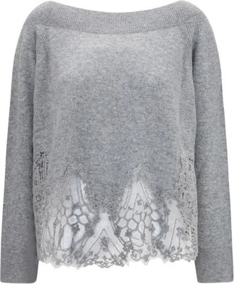 Ermanno Scervino Trui met boothals en kanten inzet - Dames - Ronde hals truien - Grijs - S - Kasjmier - Truien & Vesten