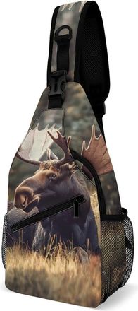 Generic Canadian Moose in Forests Mens Shoulder Bags Sling Crossbody Backpack Travel Hiking Chest Bag with Small Side 38x20cm