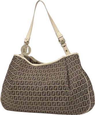 Fendi Beige White Canvas Leather Tote Bag (Pre-Owned)