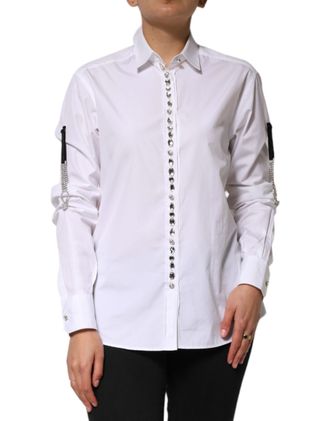Dolce & Gabbana White Crystal Embellished Collared Shirt Womens Top