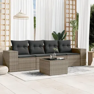 vidaXL Juego De Sof&aacute;s Jard&iacute;n Con Cojines 5 Pzas Rat&aacute;n Sint&eacute;tico Gris Vidaxl