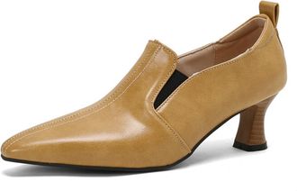 Generic Womens PU Leather Slip On Pumps Pointed Square Toe Elastic Panel Wooden Detail Heel Non Slip Durable Comfortable Daily Casual Shoes,Yellow,3.5 UK