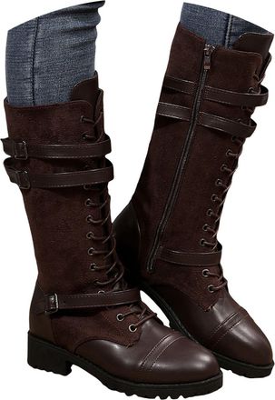 Generic Knee High Boots for Women Lace up Round Toe Chunky Heels Fashion Buckle Belt Combat Boots Women Knee High Riding Combat Boot Lace up and Zip Riding Bo