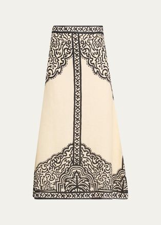 Johanna Ortiz Loose Horizon Printed Linen Ankle Skirt