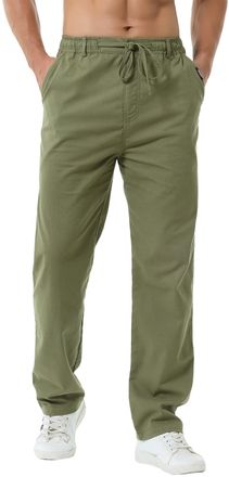 Hoerev Linen Cotton Casual Trousers Pants Drawing String Zipper Closure Green