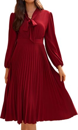 Grace Karin Vintage midi Dress Ladies with Bow Tie Long Sleeve A-Line Dress for Business 2024 Red Wine 36