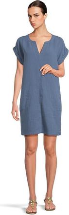 Mod-o-doc Roll-Up Short Dolman Sleeve Shift Dress Womens Dress Pacific Blue : SM (US 4-6), Cotton