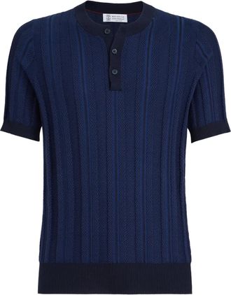 Brunello Cucinelli Ribgebreid poloshirt met knoopsluiting en jacquard textuur - Blauw