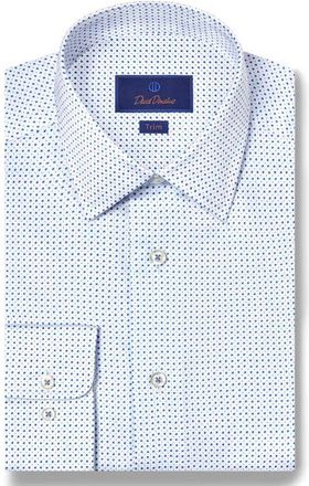 David Donahue Trim Fit Neat Cotton Herringbone Dress Shirt in White/Blue at Nordstrom, Size 15.5 - 32