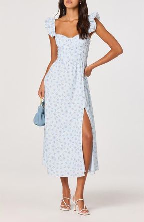 ASTR the Label Wedelia Floral Print Ruffle Strap Midi Dress in Blue Floral at Nordstrom, Size Medium