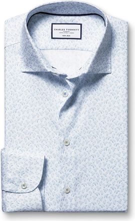 CHARLES TYRWHITT Non-Iron Stretch Bird Print Cotton Formal Shirt - Steel Blue Single Cuff Size 15.5/33 by Charles Tyrwhitt