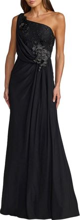 Mac Duggal Womens Jersey One Shoulder Cowl Gown With 3D Flowers in Black at Nordstrom, Size 10