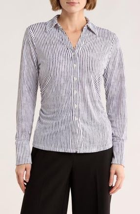 Adrianna Papell Long Sleeve Knit Button-Up Top in Ivory/Blue Moon Ripple Stripe at Nordstrom Rack, Size X-Large