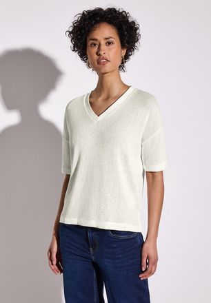 Street One T-Shirt STREET ONE, Damen, Gr. 36, weiss (sanftes wei&szlig;), Feinstrick, Obermaterial: 63% Viskose, 37% Polyester, unifarben, tailliert h&uuml;ftbedeckend, V-A