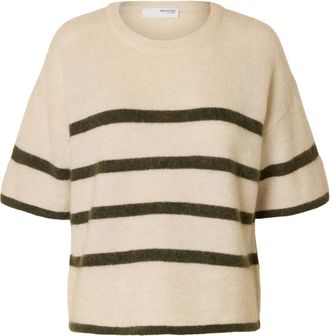 Selected Gebreide trui met O-hals - Dames - Ronde hals truien - Beige - XS - Wol - Truien & Vesten
