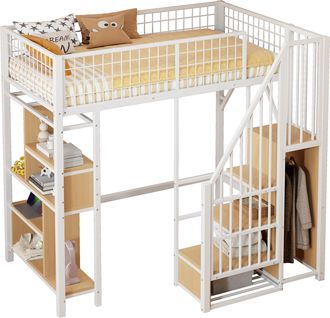 STILVORA Cama Alta Individual Con Escalera De Almacenaje Y Estantes, 90&times;200 Cm, Sin Colch&oacute;n, Blanca