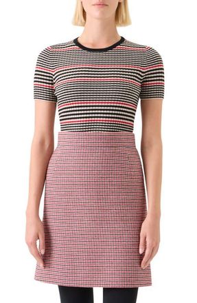 Akris Stripe Short Sleeve Virgin Wool Rib Sweater in Black-Cream-Vermillion at Nordstrom, Size 8