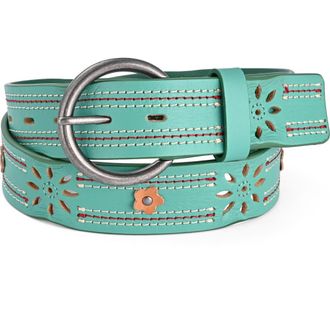 OLD TREND Blossom Genuine Leather Stitched Perforated Detail Belt in Aqua at Nordstrom, Size Medium