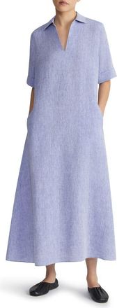 Lafayette 148 New York Short Sleeve Linen Popover Midi Dress in Lapis Blue Melange at Nordstrom, Size Small