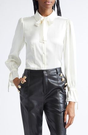 Cinq &agrave; Sept Troyer Tie Neck Silk Button-Up Shirt in Ivory at Nordstrom, Size Xx-Small