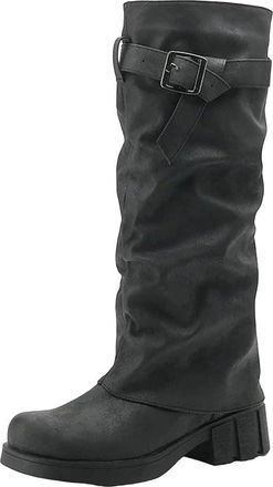 Generic Womens Punk Style Mid Calf Boots Chunky Heel Pleated Design Motorcycle Booties