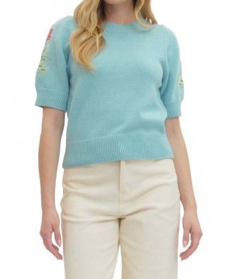 Entro Puff Sleeve Embroidered Knit Top In Seabreeze
