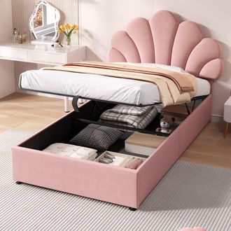 Matteo Pink Velvet Single Bed Frame with Petal Headboard & Storage