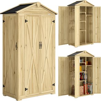OUTSUNNY Cobertizo De Jard&iacute;n De Madera 93x53x168 Cm, Armario Para Herramientas Con Puertas, 4 Estantes, Techo Asf&aacute;ltico Inclinado Y Ganchos, Natural
