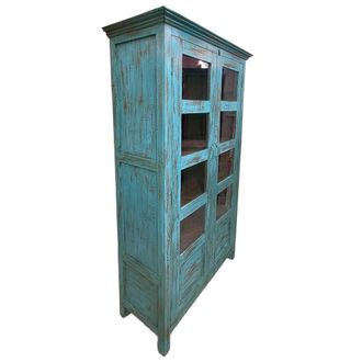 Wanderlust Deco Vitrina De Madera Acabado Artesanal Azul 110x45x180h Cm