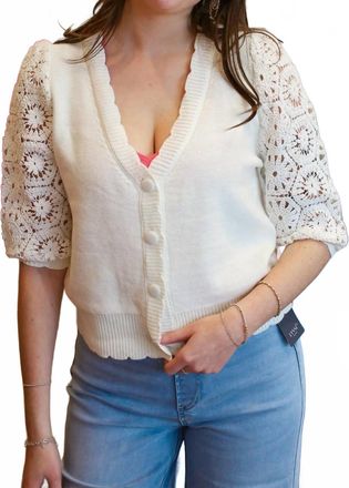 Fate Crochet 3/4 Bubble Sleeve Cardigan In White