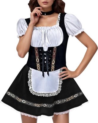 Generic Womens German Dirndl Dress Oktoberfest Outfit Women Ladies Bavarian Costume Maid Dress Traditional Puff Short Sleeves Halloween Outfit for Bavarian Be