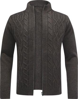 AlltheMen Mens Knitted Cardigan Thick Sweater Zip Up Cardigans Classic Stand Collar Long Sleeve Casual Warm Sweatshirt 67 Black 3XL