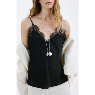 Mango Lace Detail Matte Satin Camsisole in Black at Nordstrom, Size X-Small