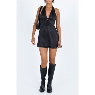 Princess Polly Lanier Satin Halter Minidress in Black at Nordstrom, Size 10