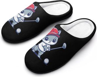 Generic Cute Cat Playing Golf Golfer Slippers Men Winter Warm Cotton Anti-Slip Indoor Slip-Ons House Shoes