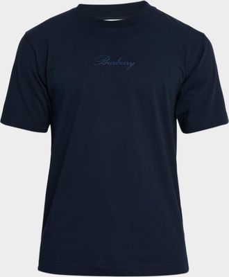 Burberry Mens Check Cursive Logo Cotton T-Shirt