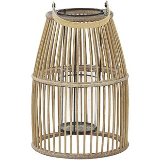 Beliani Linterna De Madera De Bamb&uacute; Beige 32 Cm Soporte De Vidrio Estilo Boho Para Interior Y Exterior Hoste