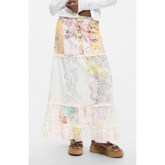 Desigual Floral Eyelet Embroidered Tiered Midi Skirt in Off White at Nordstrom, Size X-Large